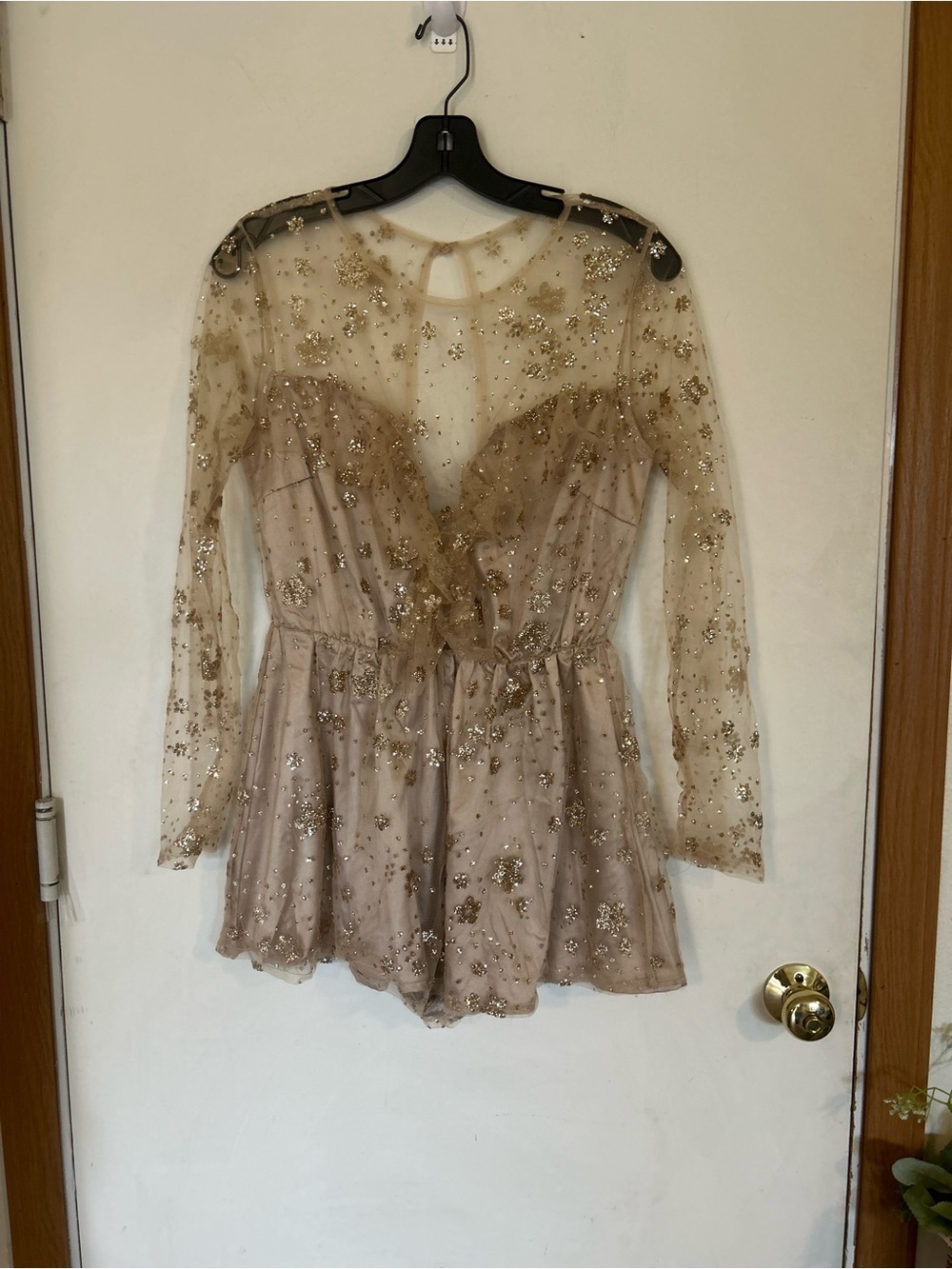 NWOT L'ATISTE Gold-Sequin Sheer Romper Medium
